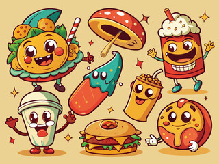 Retro cartoon fast food. Vintage 60s food mascot characters. Groovy 70s stickers in trendy style. Comic soda, crazy burger, psychedelic hot dog, cute pizza face. Vector set
