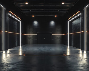 Dark black colored underground garage with white lights