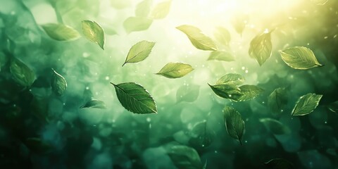 Fototapeta premium Green Leaves Falling Through a Misty Forest