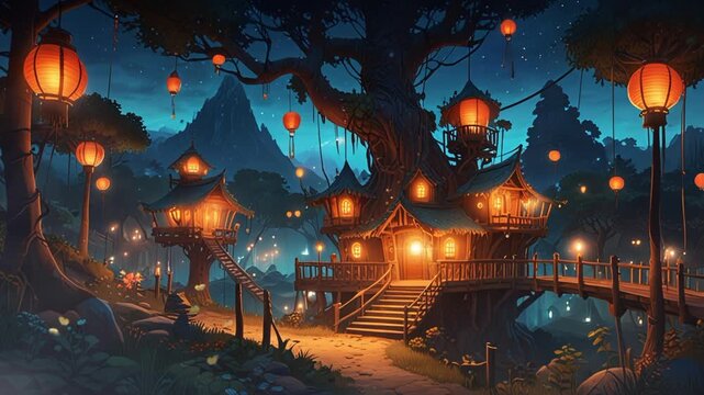 tree house village with floating lantern lights at night, in cartoon style. Seamless looping 4k video animation