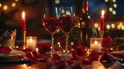 Concept of romantic evening in restaurant with wine and decorations