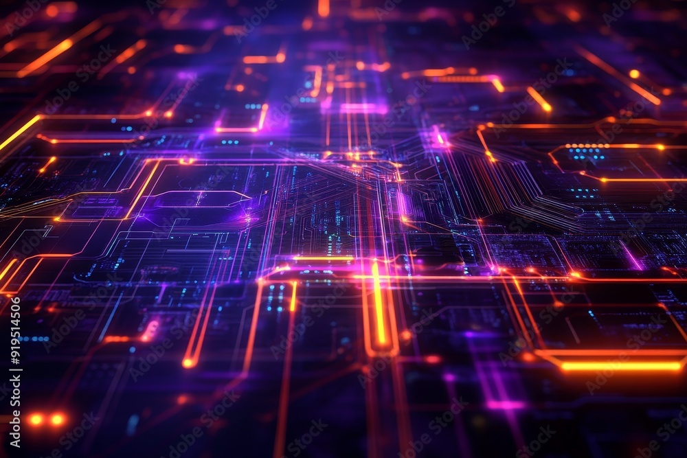 Poster computer system with processor and electronic circuit. artificial neurons, data connections, quantum