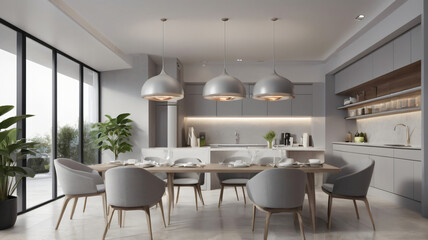 Restaurant interrior design with light gray color