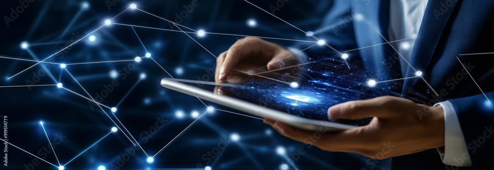 Poster a businessman uses a digital tablet with stock blockchain technology and data science, cloud computi