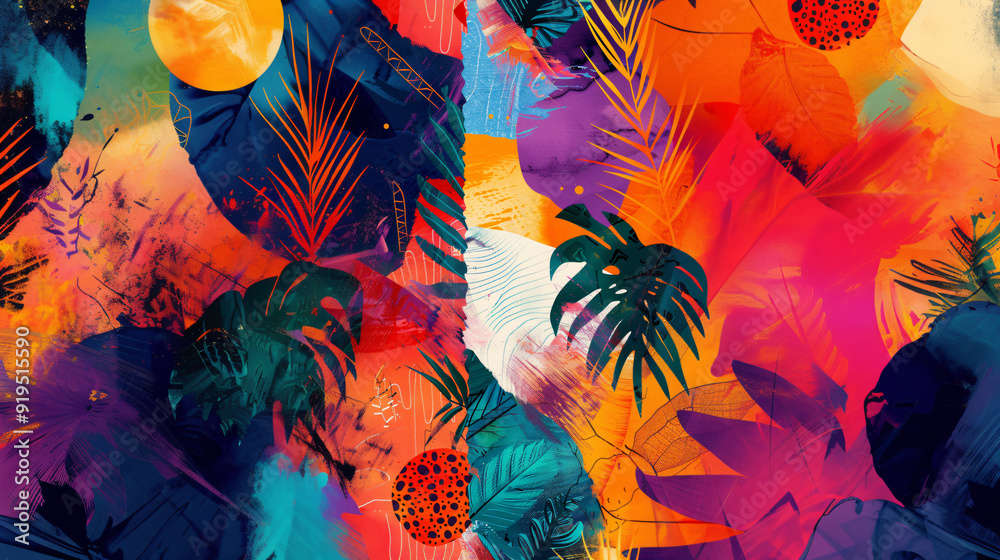 Poster Vibrant abstract background with tropical leaves and geometric shapes creating a modern and colorful atmosphere