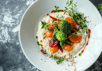 Piatto vegano. Pasto sano. Crema di patate, pomodori e Broccoli.