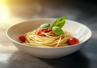 Spaghetti al pomodoro e basilico. Tradizione italiana. Semplicità italiana
