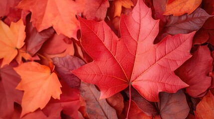 A closeup of a vibrant red maple leaf, edges crisp and detailed, lying on a bed of freshly fallen autumn leaves, Fall, crisp leaves