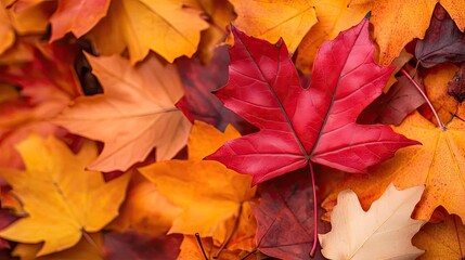 Fototapeta premium A closeup of a vibrant red maple leaf, edges crisp and detailed, lying on a bed of freshly fallen autumn leaves, Fall, crisp leaves
