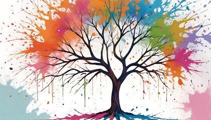 Naklejka premium A colorful abstract tree with vibrant branches and leaves in shades of orange, pink, blue, and green against a white background with scattered paint splatters