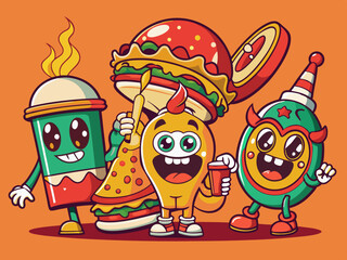 Retro cartoon fast food. Vintage 60s food mascot characters. Groovy 70s stickers in trendy style. Comic soda, crazy burger, psychedelic hot dog, cute pizza face. Vector set
