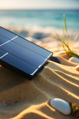 Alternative power energy concept. Solar panel cell on dramatic sunset sky background, clean 