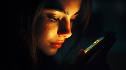 Obraz premium Woman's Face Illuminated by Smartphone Screen in Darkness