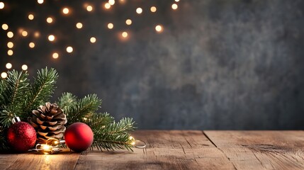 Festive Christmas winter scene with pine cones,ornaments and cozy lighting