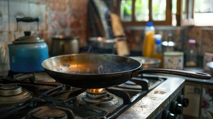 Drying old cooking pan on gas stove in urban kitchen