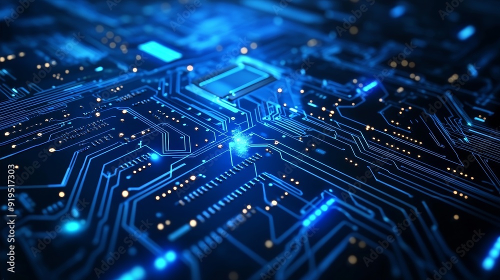 Poster an abstract circuitry design of electronic computer hardware on a circuit board background