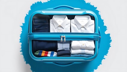 packed suitcase and travel essentials, summer holiday, coronavirus and new normal concept.