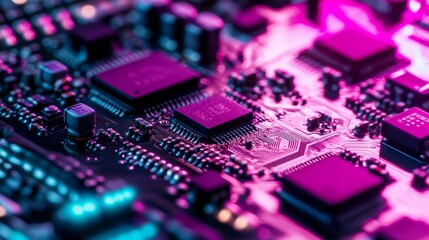 Circuit board background with glowing electronic components in blue and purple - futuristic digital concept for innovation and connectivity