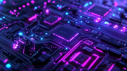 Obraz premium An electronic circuit board with glowing components - a futuristic concept for innovation.