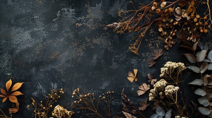 Obraz premium Fall winter theme with dried foliage on a dark base Plant arrangement Flat lay with space for text