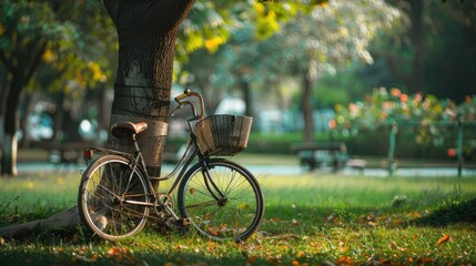 Fototapeta premium Vintage bicycle leaning against a tree in a park.