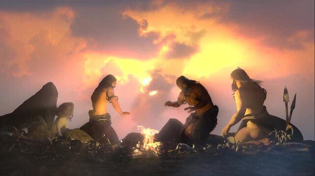 Prehistoric cavemen by the campfire 3d render