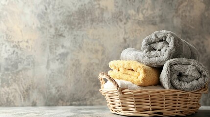 Obraz premium Fresh towels in a basket with room for text