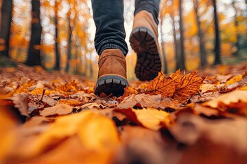 A forest trail covered in a carpet of crisp autumn leaves, crunching underfoot as a light breeze stirs the air, Fall, autumn walk