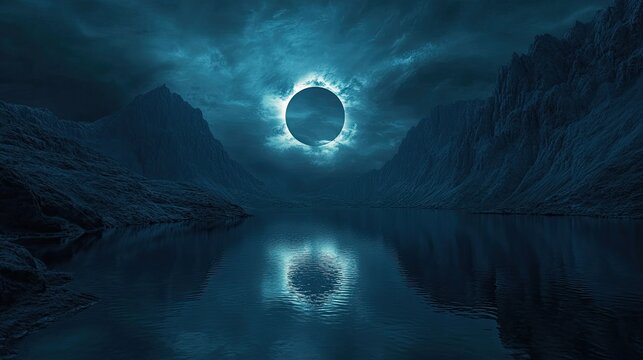 A beautiful landscape view of a semi-cloudy circle reflecting water at night, flanked by two mountains