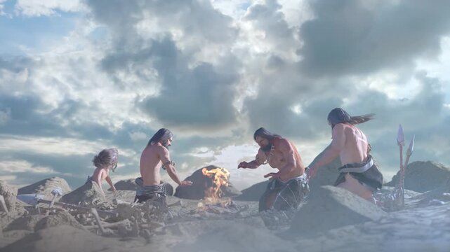 Prehistoric cavemen by the campfire 3d render