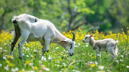 Fototapeta premium Goat grazing in a green meadow with a lamb Discussion on goat milk and animal husbandry