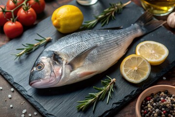 Delicious and healthy fish. Raw dorado with lemon and ingredients on a dark background. Banner, menu, place for recipe text, top view.