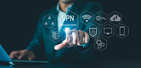 VPN Virtual Private network protocol, Cyber security and privacy connection technology, Anonymous Internet, encryption, server, and Wi-Fi, secure connections and data protection