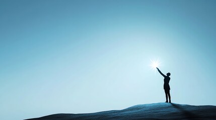Surreal image of a person reaching into the sky and grabbing a star, symbolizing the potential of bright ideas, bright idea, reaching for creativity