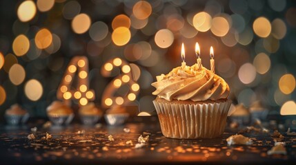 Happy birthday greeting card with muffin candles and number 42 on bokeh light bulb background