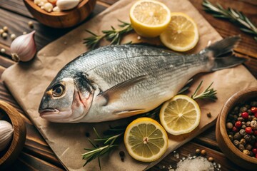 Delicious and healthy fish. Raw dorado with lemon and ingredients on a dark background. Banner, menu, place for recipe text, top view.