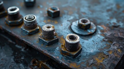 Hardware for joining threaded links with round headed bolts on metal surface with space for text