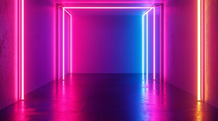 3d render, abstract neon background with glowing blue, pink, and purple lines in an empty dark room