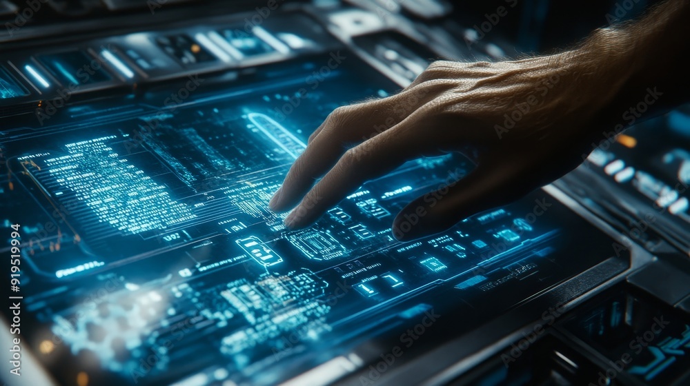 Poster ui virtual computer screen digital interface hand touch futuristic technology background or cyber co