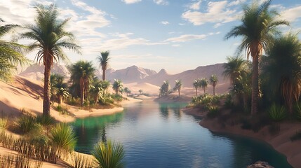 Obraz premium Oasis in a Desert Landscape with Palm Trees and a Winding River