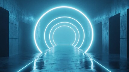 Abstract futuristic background with blue neon light rings in the tunnel