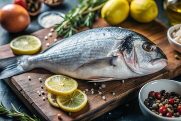 Delicious and healthy fish. Raw dorado with lemon and ingredients on a dark background. Banner, menu, place for recipe text, top view.
