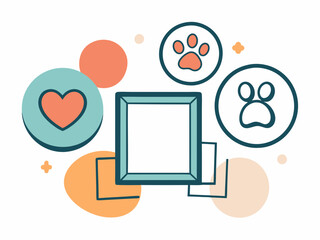 Pet footprint frame. Doodle shape frames with dog or cat paws. Hand drawn outline circle, heart, square boarder with cute animal steps. Adopted animal. Pets love vector concept

