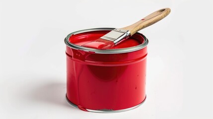 Isolated white background red paint can and brush