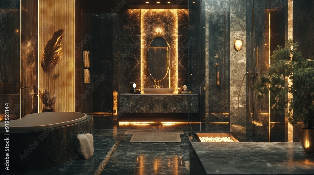 Poster Luxurious Bathroom with Marble and Golden Accents