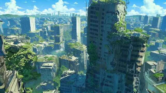 Aerial view of overgrown abandoned city. Ruined skyscrapers in post apocalyptic cityscape. Dystopian urban landscape. War aftermath concept, apocalypse. Anime style, 2D animation, painting