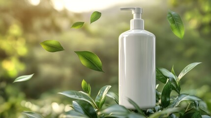 White empty liquid soap bottle with flying leaves on natural background, eco-friendly sustainable environment bio natural organic recycled plastic hygiene lotion hand wash body cream