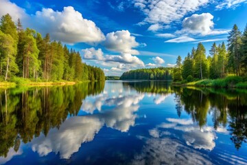 Serene Finnish lake surrounded by lush green forests and towering trees, reflecting a clear blue sky with a few wispy white clouds on a sunny day.