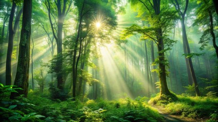 Obraz premium Serene and vibrant lush green forest landscape with dense foliage, misty atmosphere, and sunbeams peeking through towering trees, evoking a sense of calm and tranquility.