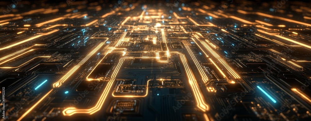 Poster the motherboard 3d illustration shows the circuit of a computer and the data streams in a blockchain
